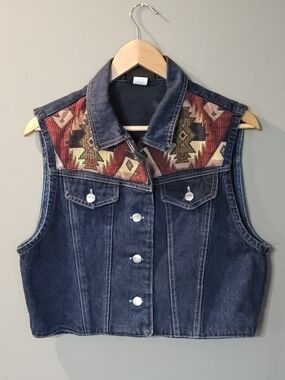 Vintage Roughrider Cropped Denim Western Vest Aztec Printed‎ Yoke Womens L